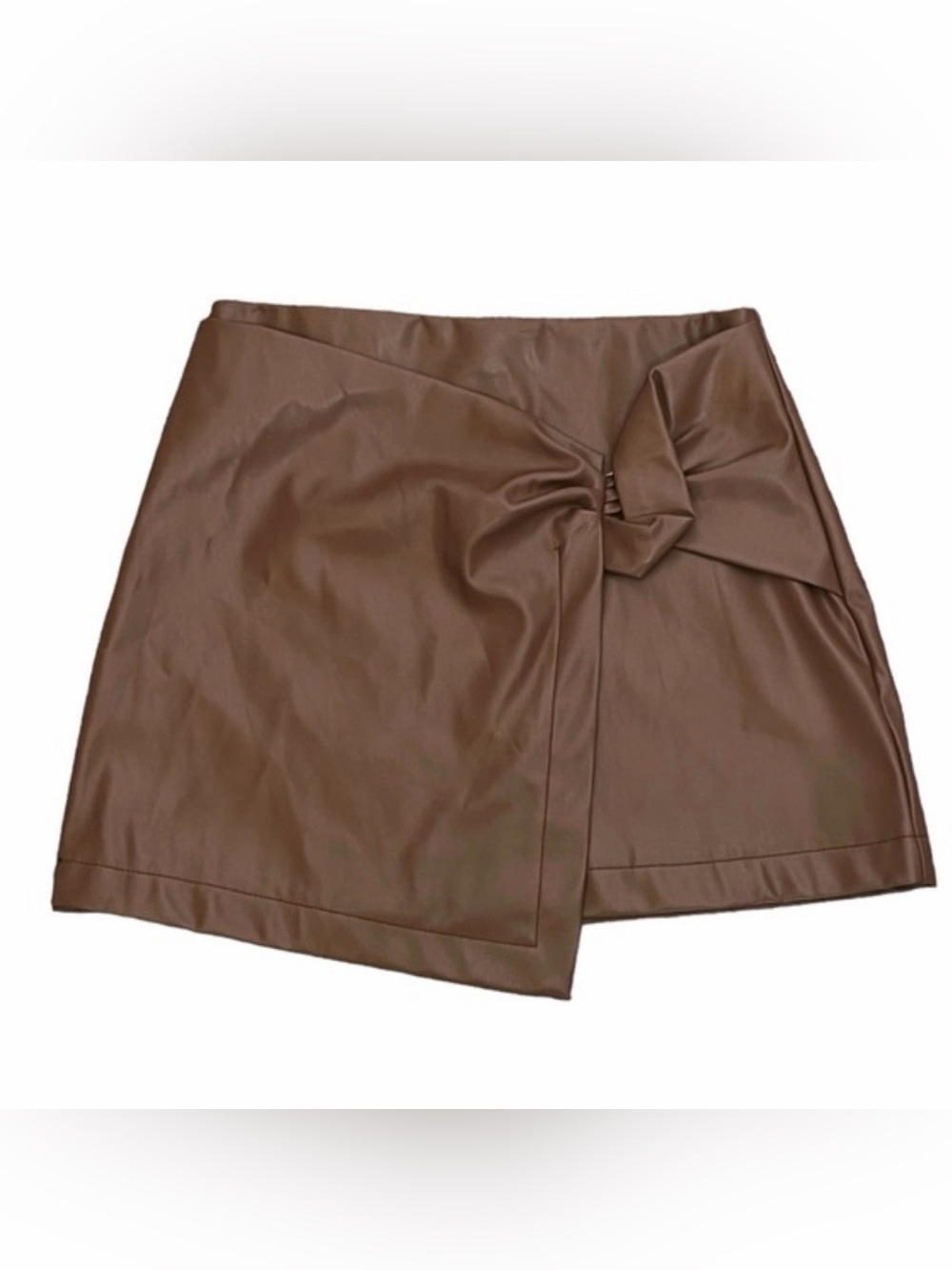 Princess Polly Brown Faux Leather Wrap Mini Skirt with Side Knot - Picture 2 of 12